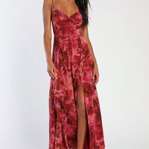 Lulus Beautiful Soul Burgundy Floral Print Twist-front Maxi Dress Red - Size L